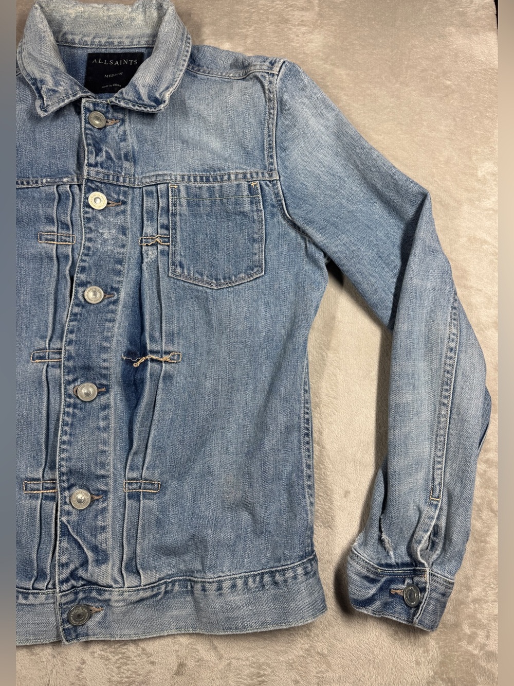 All Saints Men’s 100% Cotton Distressed Denim Blue Jean Button Jacket Size M - Picture 7 of 17